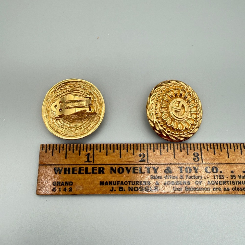 St John Vintage Gold Tone SJ Logo Sunburst Clip On Button Earrings 1.25 Inch - Picture 6 of 9